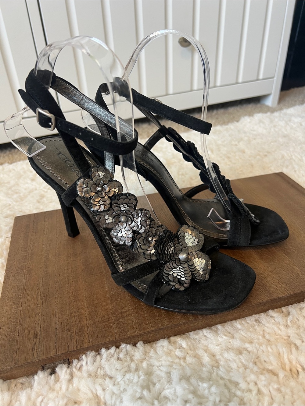 Coach 8.5 suede heels black with metallic pewter flowers New